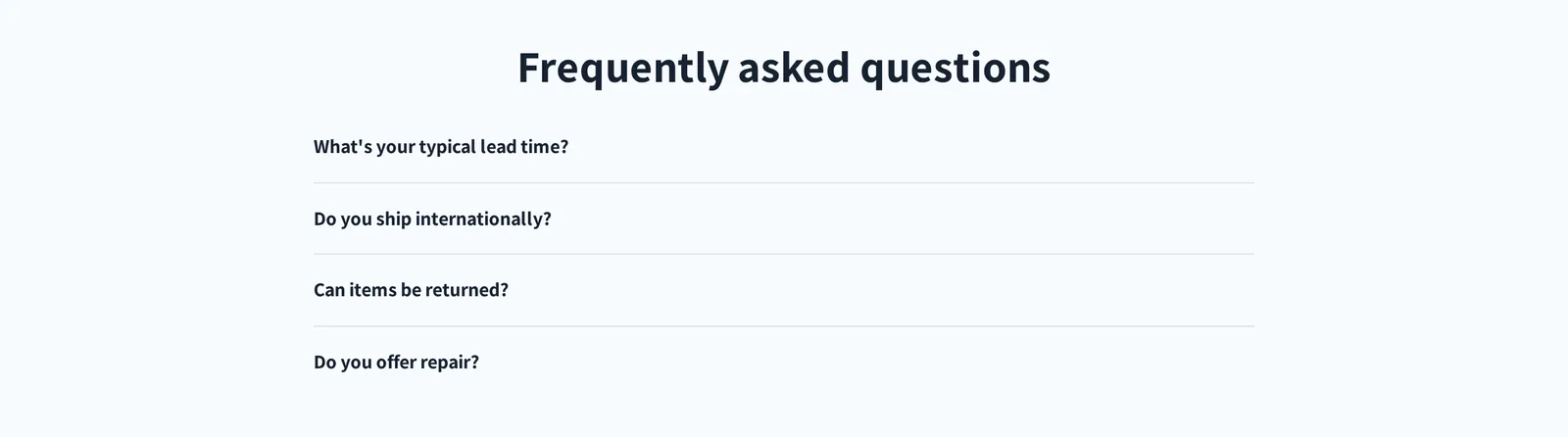 Live demo — FAQ section on storefront